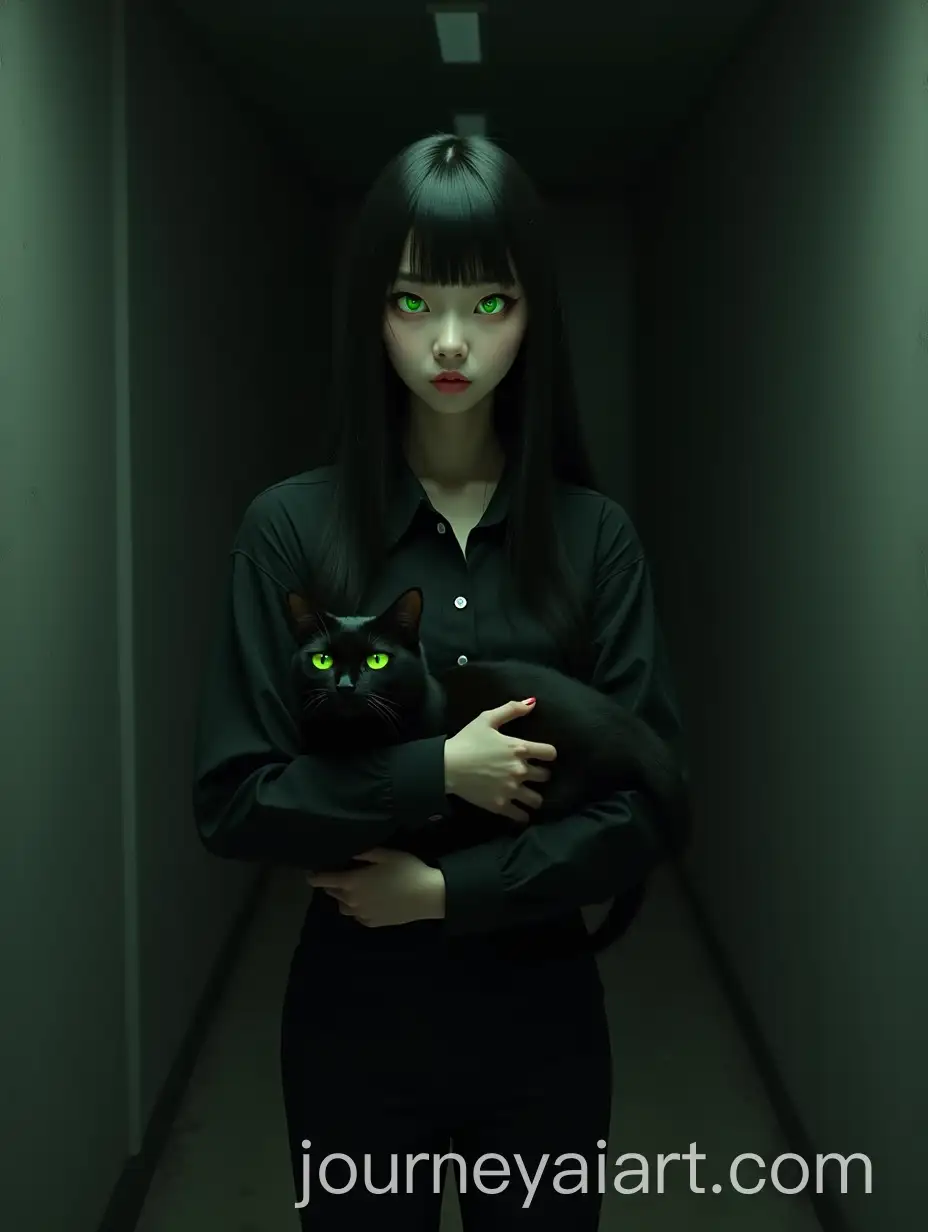 Mysterious-Asian-Woman-Holding-Black-Cat-in-Dark-Corridor-with-Glowing-Green-Eyes