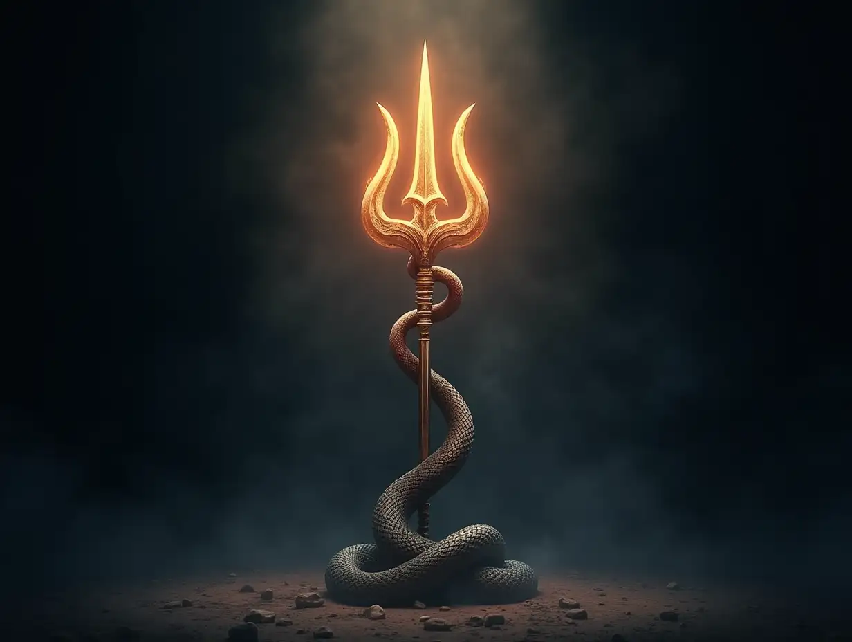 Create an image of a powerful and fearsome trident, the weapon of Shiva, with a terrifying snake coiling around its base. The snake's tail is raised, the front of the trident threateningly raised and the still image needs to be rendered. The trident should have intricate detail, glowing with a divine aura, while the snake's tail should be large, scaly and coiled in a threatening pose. The background is dark, adding to the auspicious and mythological feel of the scene, with light ethereal light illuminating the triangle and the threatening form of the snake