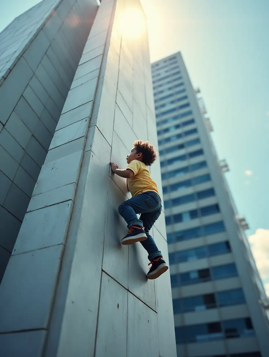 a little kid is climbing a tall building