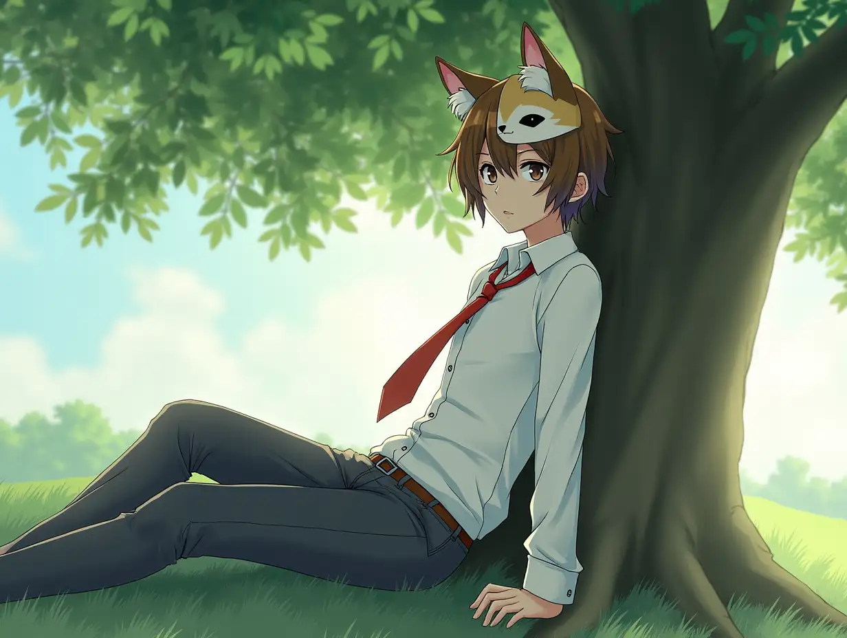 A boy in a white shirt of highschool and a red tie is sitting relaxing under the tree. He has a mask of kitsune on left side of his head.  Anime style.