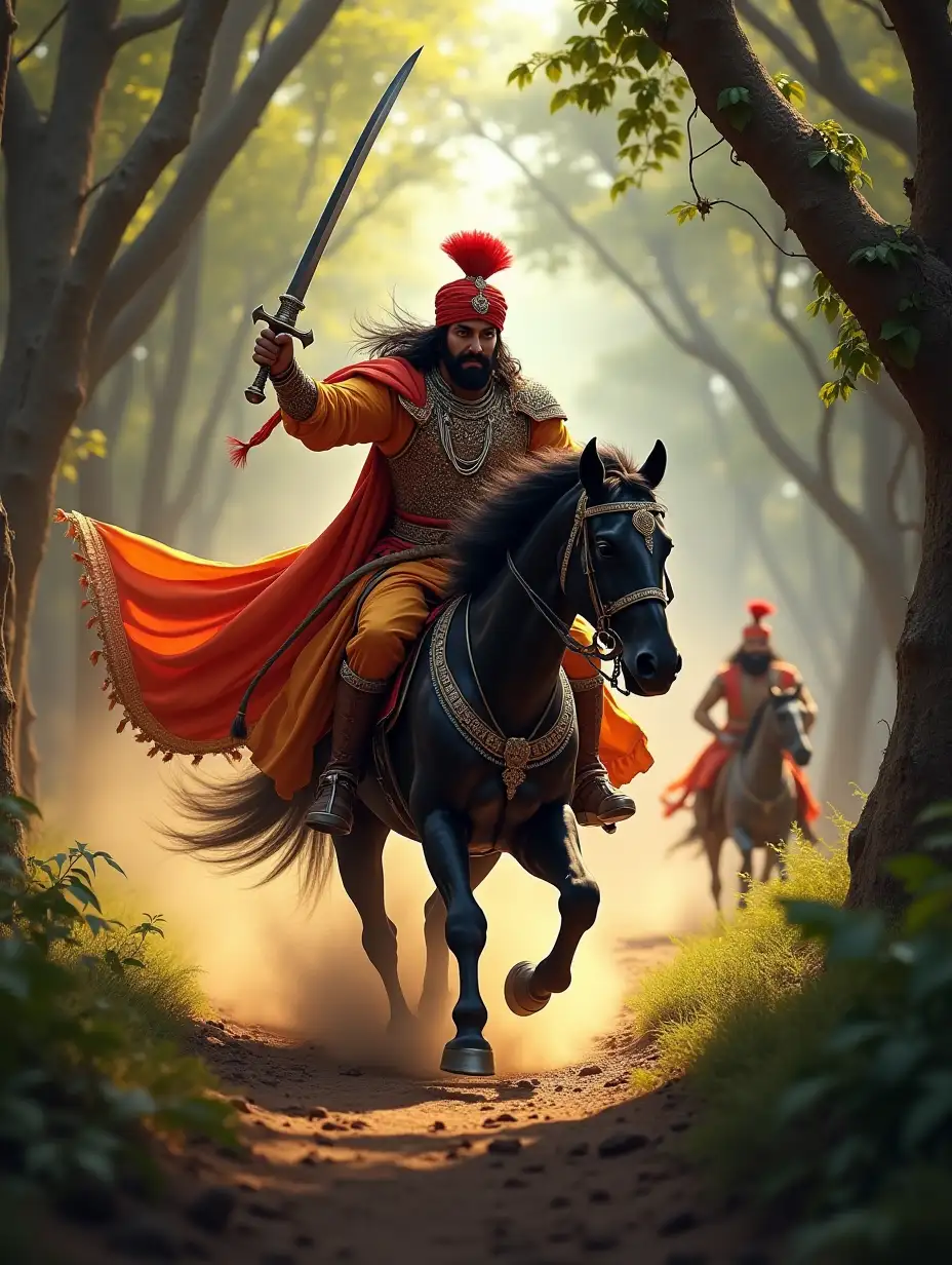 Hyper realistic hd image, A brave Rajput king of Rajasthan, dressed in traditional royal armor with a flowing saffron and red turban, rides a powerful black stallion through a dense jungle. His sword gleams in the sunlight as he fiercely chases his enemy, determination in his eyes. The thick forest is filled with towering trees, vines, and wild animals, adding to the dramatic tension. The enemy, dressed in contrasting attire, is seen fleeing ahead, looking back in fear. Dust rises from the galloping hooves as the king urges his horse forward, the energy of the hunt captured in motion. The scene is vibrant, intense, and full of historical grandeur.