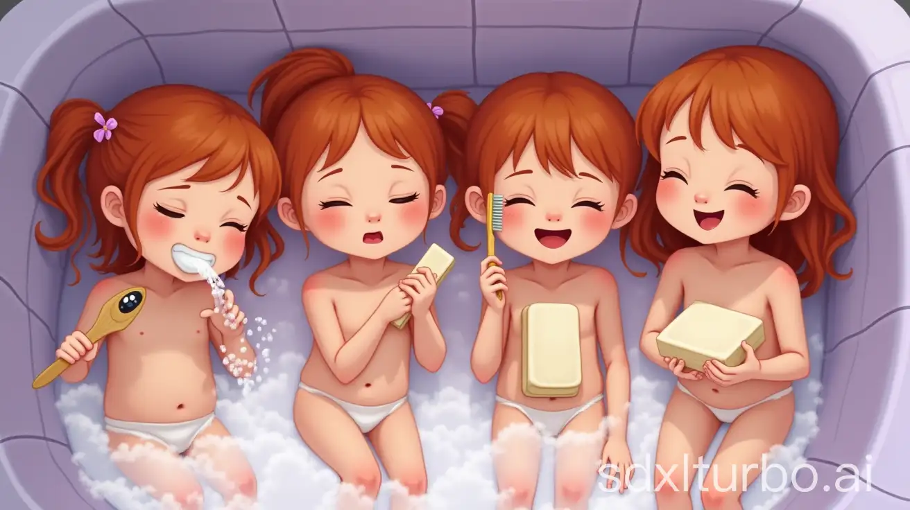 Four-Adorable-Redhead-Preschool-Girls-in-Bathtub-with-Ivory-Soap-Bar-and-Handbrush