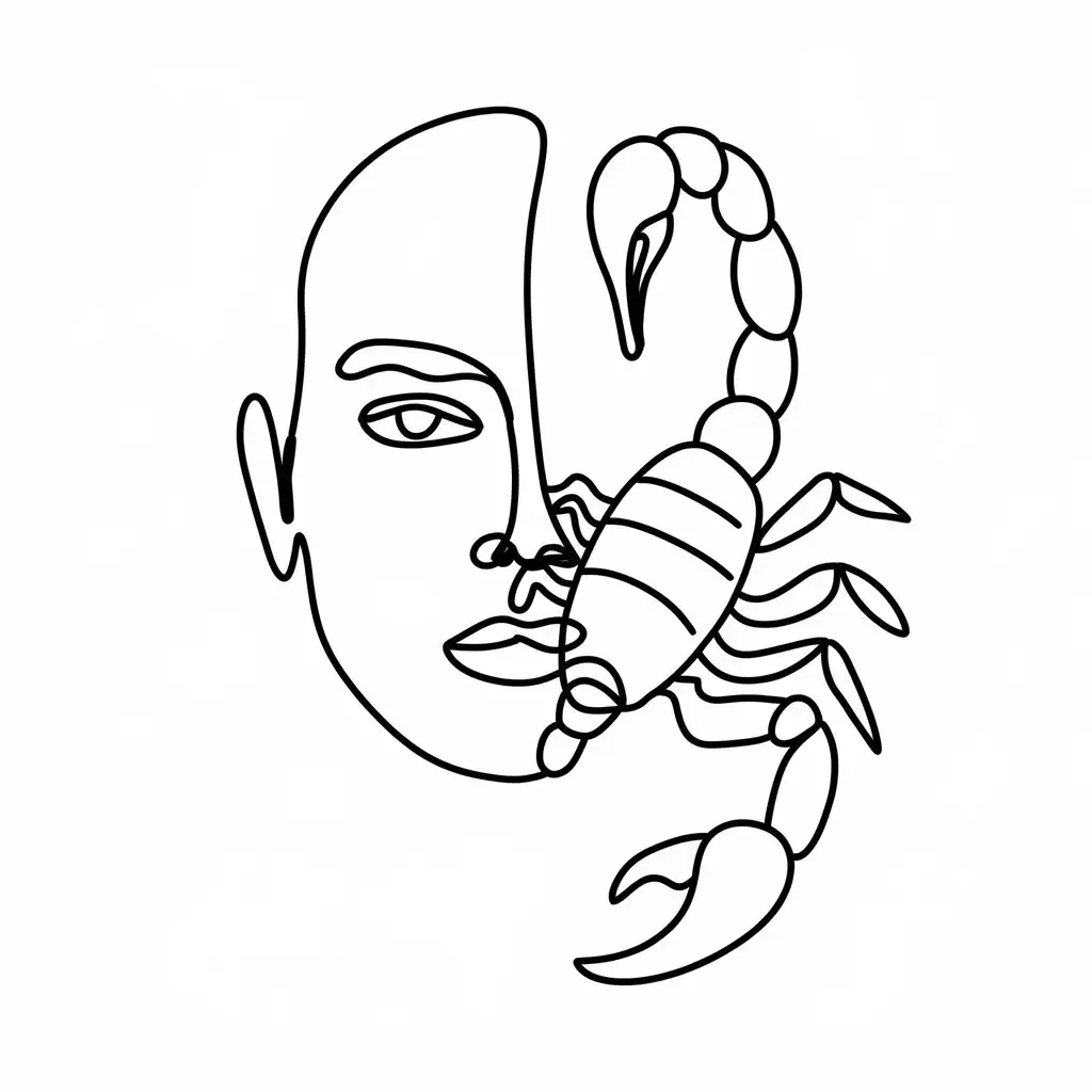 Continuous Line Art of a Face Merging with a Scorpion