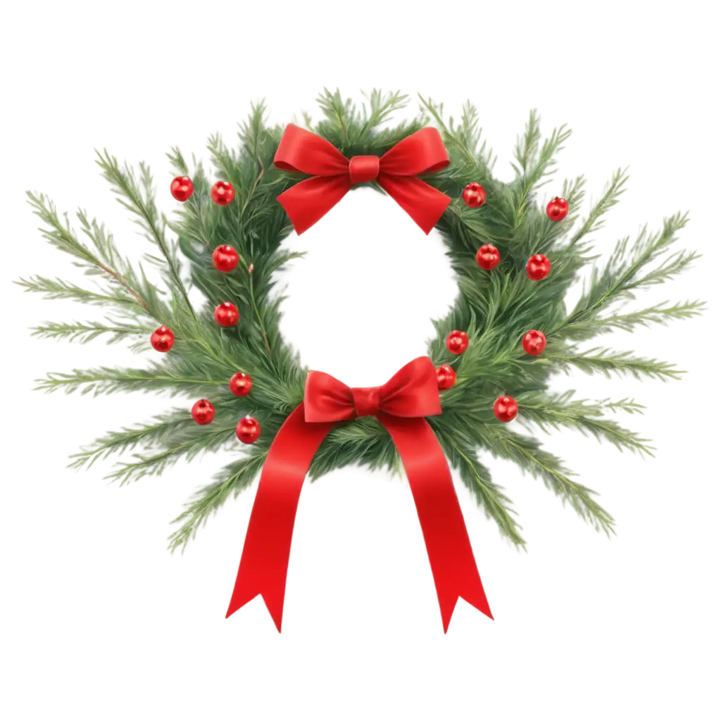 realistic Christmas wreath with red ribbon and pine leaves, isolated on transparent background