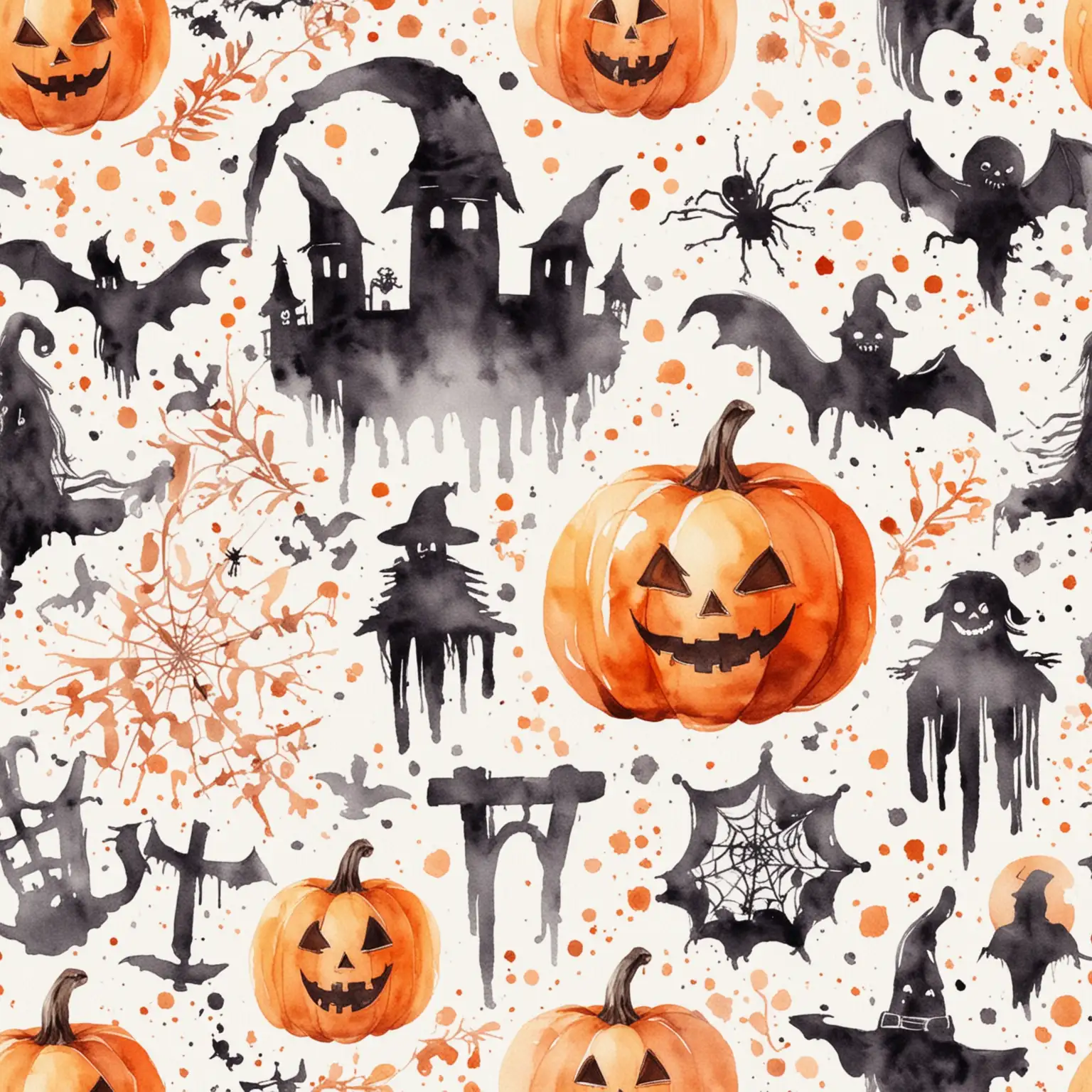 Watercolor Halloween Decorations on White Background