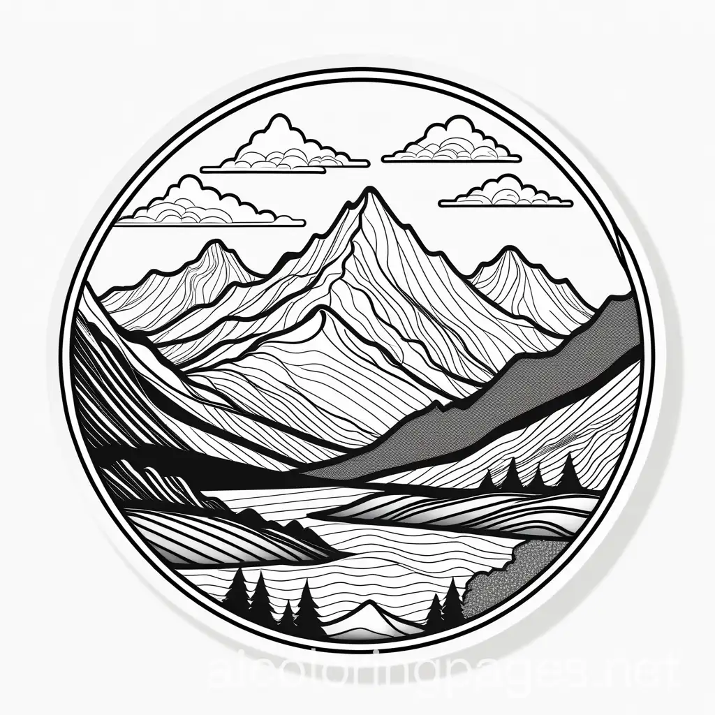 [black and white sticker] simple mountains, Coloring Page, black and white, line art, white background, Simplicity, Ample White Space