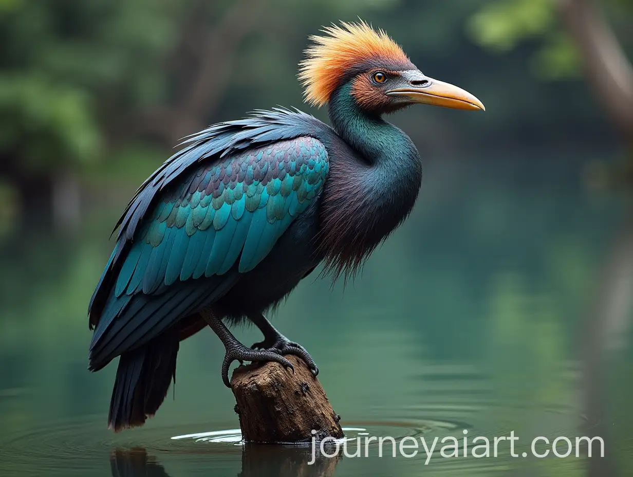 Iridescent-Mythological-Bird-Perched-on-Lake-Trunk