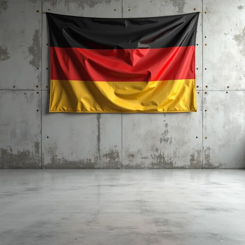 A photorealistic image of a large, flat, empty concrete floor taking up most of the bottom of the image, with a concrete wall with German flag in the background