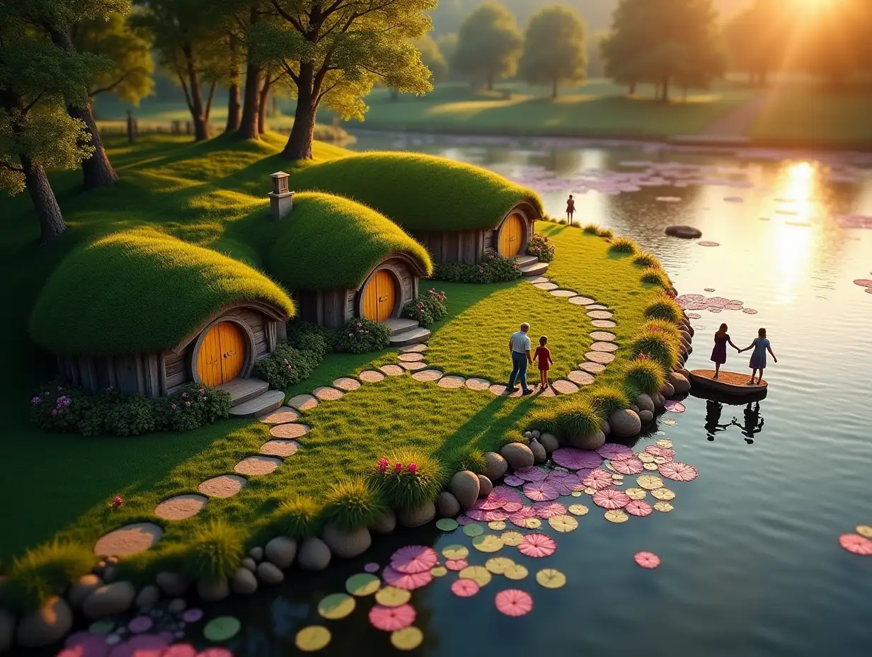 the foreground is in focus, and the background is blurred in the Gaussian style - a bird's-eye view of 3 hobbit houses located in a single flat and small hill with grass with round doors and windows - behind the hill are trees, these hobbit houses face the shore of a very large pond with a lot of large pink water lilies -  and these hobbit houses are located 70 meters from this pond, and on the edge of the shore near the water a man and a woman with a child are playing, there are other people walking, the pond is so large that its other shores are not visible and it takes up the rest of the frame, a sunset sunny evening and it gets dark and a lot of sunset sunlight