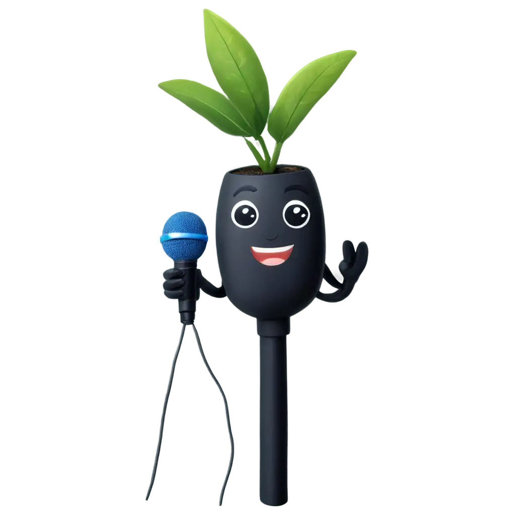 A happy plant holding a microphone