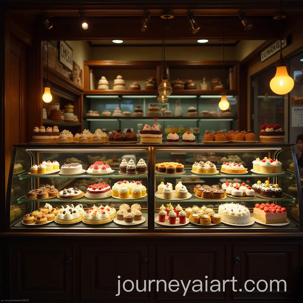 Late-Night-Cake-Shop-with-a-Variety-of-Desserts-on-Display