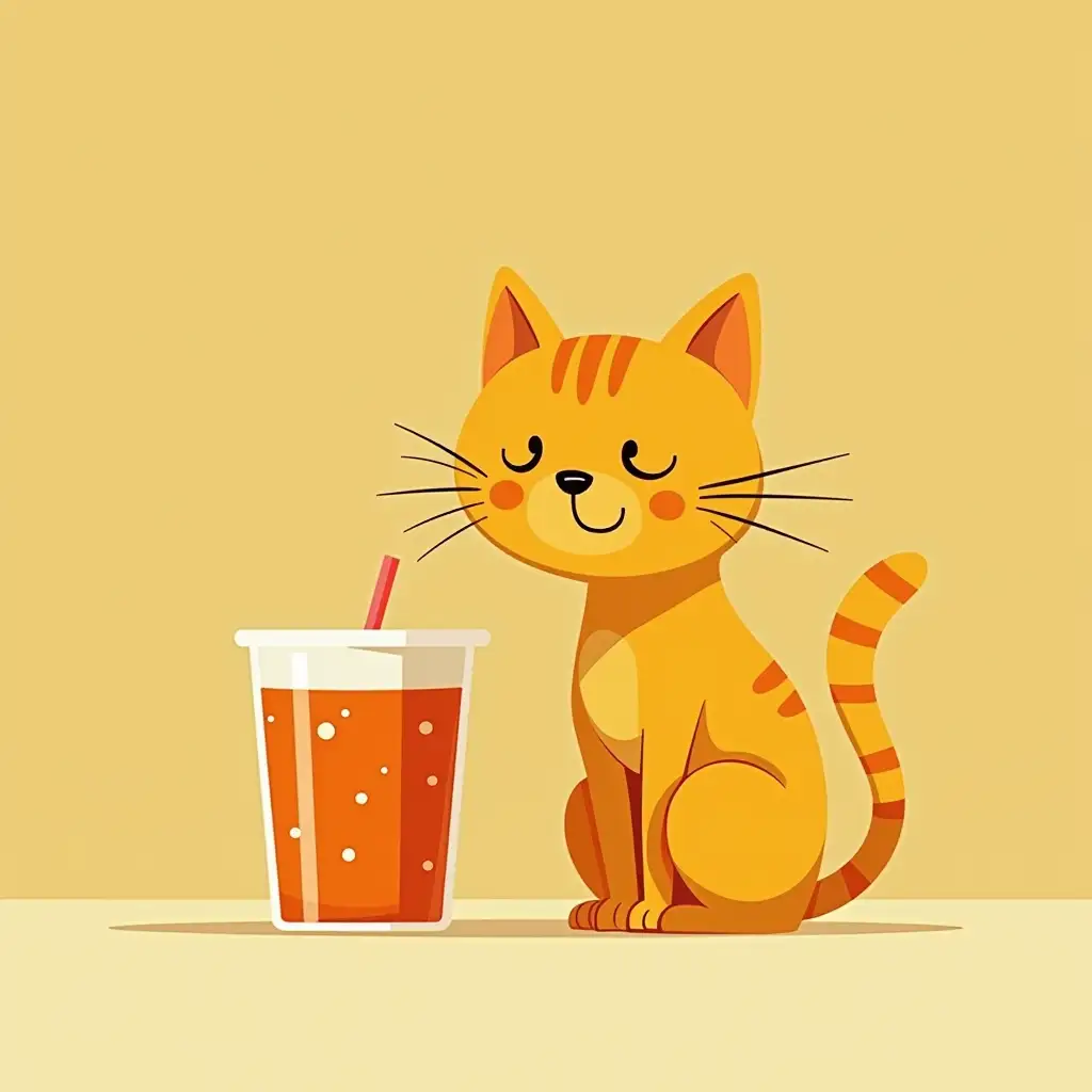 A cat squatting near orange soda, a bit more flat and cartoonish, not a yellow cat