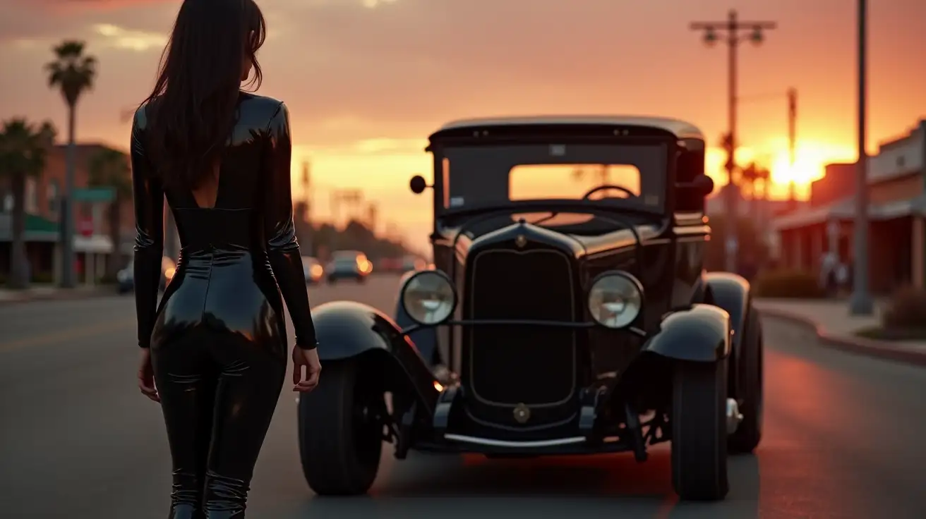 Woman-in-Shiny-PVC-Jumpsuit-and-Boots-with-Ford-32-Hot-Rod-on-California-Street-at-Dusk