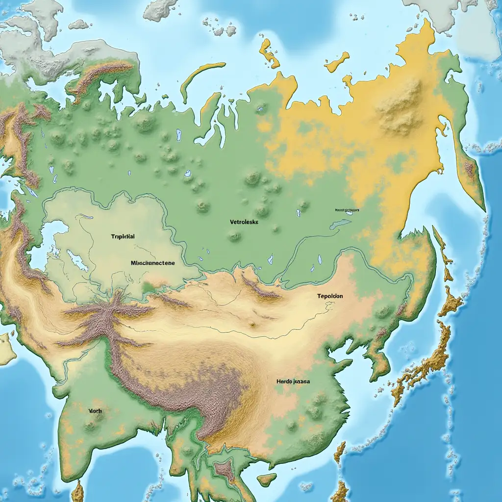 generate the fictional country Tropikia as an island on a part of the world map with three regions: northern with capital Vetrolesk, central with capital Teploton, southern with capital Goryachee poberezhe with mountains in the north, plains in the south, and many lakes