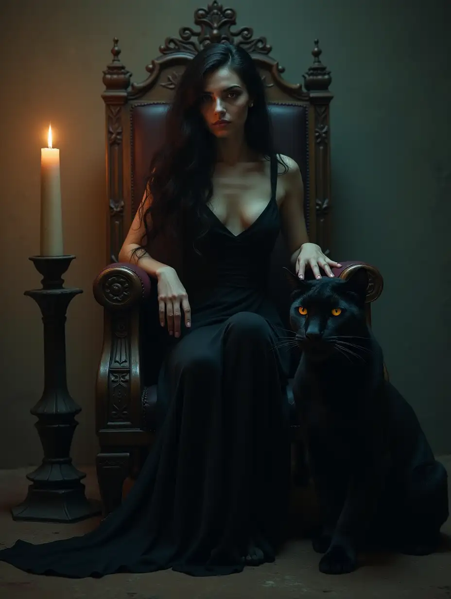 Gothic style shot of a young woman sitting on a throne with a predatory look and dark flowing hair, dressed in a black tight long dress, next to the throne sits a panther. The scene is bathed in a soft glow of a single candle, a dreamy, creepy atmosphere. The colors are saturated, mixed textures, which creates a mesmerizingly beautiful image. Created using: Gothic art style, airbrush effects, rich dark tones, detailed character design, mystical mood