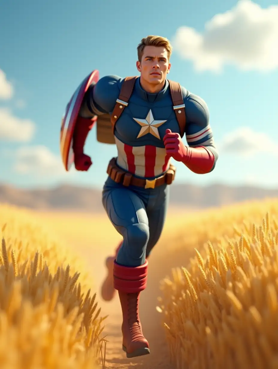 A highly detailed 3D-rendered digital artwork of Captain America running through a vast golden wheat field under a bright blue sky with scattered clouds. He is wearing his classic blue suit with a white star on his chest, red gloves, and brown utility belt. His iconic shield is strapped to his back, reflecting the sunlight. His expression is determined and focused, with realistic facial details and fabric textures. His muscular physique and dynamic pose convey motion, with one leg pushing off the ground and arms moving naturally. The wheat field stretches into the distance, swaying gently in the breeze, with soft golden lighting casting long shadows. The background has a cinematic depth-of-field effect, making Captain America the focal point of the scene. The overall atmosphere is bright, heroic, and inspiring.