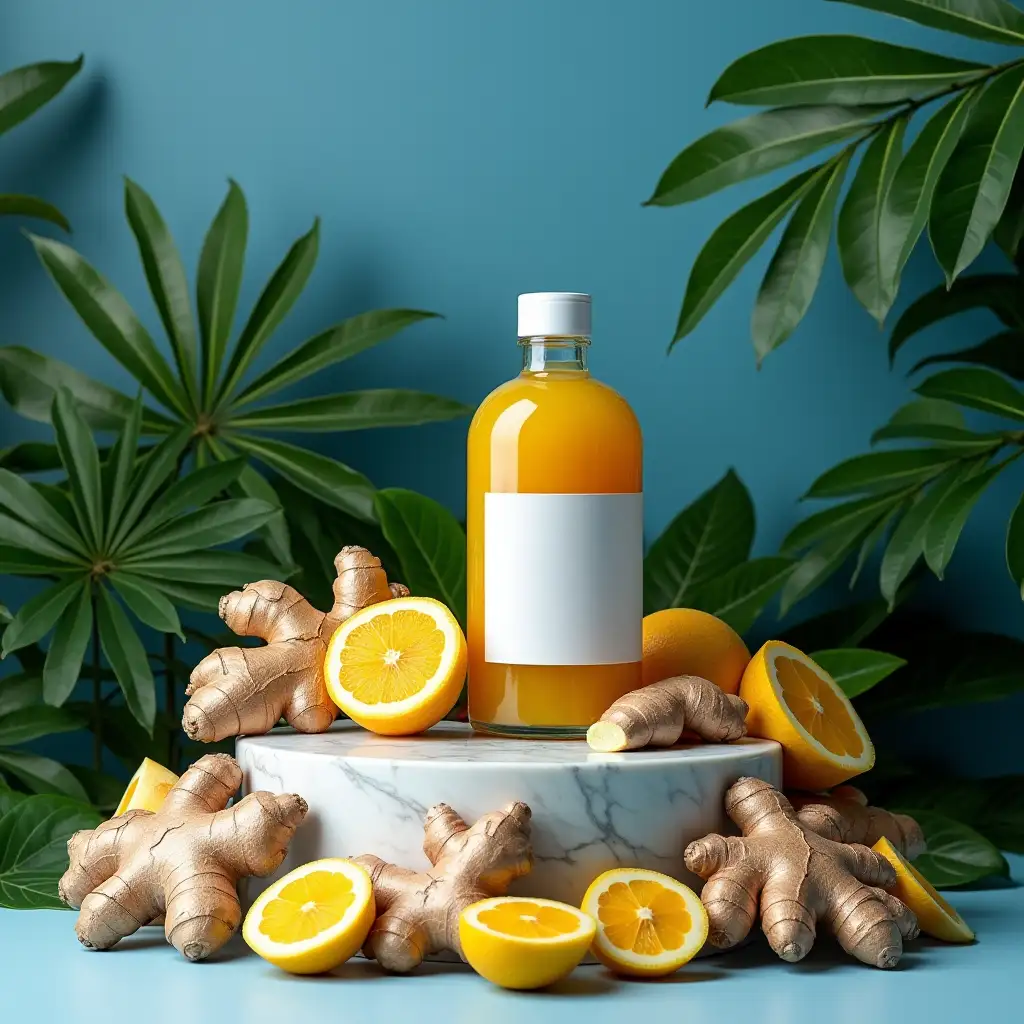 Tropical-Marble-Podium-Display-with-Fresh-Gingers-and-Green-Foliage