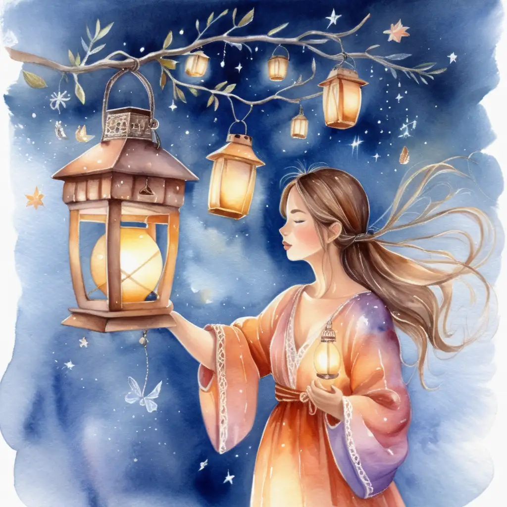 Woman Illuminating a Magical World with a Lantern Watercolor Art