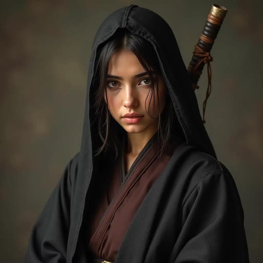 An extremely realistic, detailed, and completely natural 20-year-old Iranian girl in traditional ninja attire from the historical period 1,000 years ago.