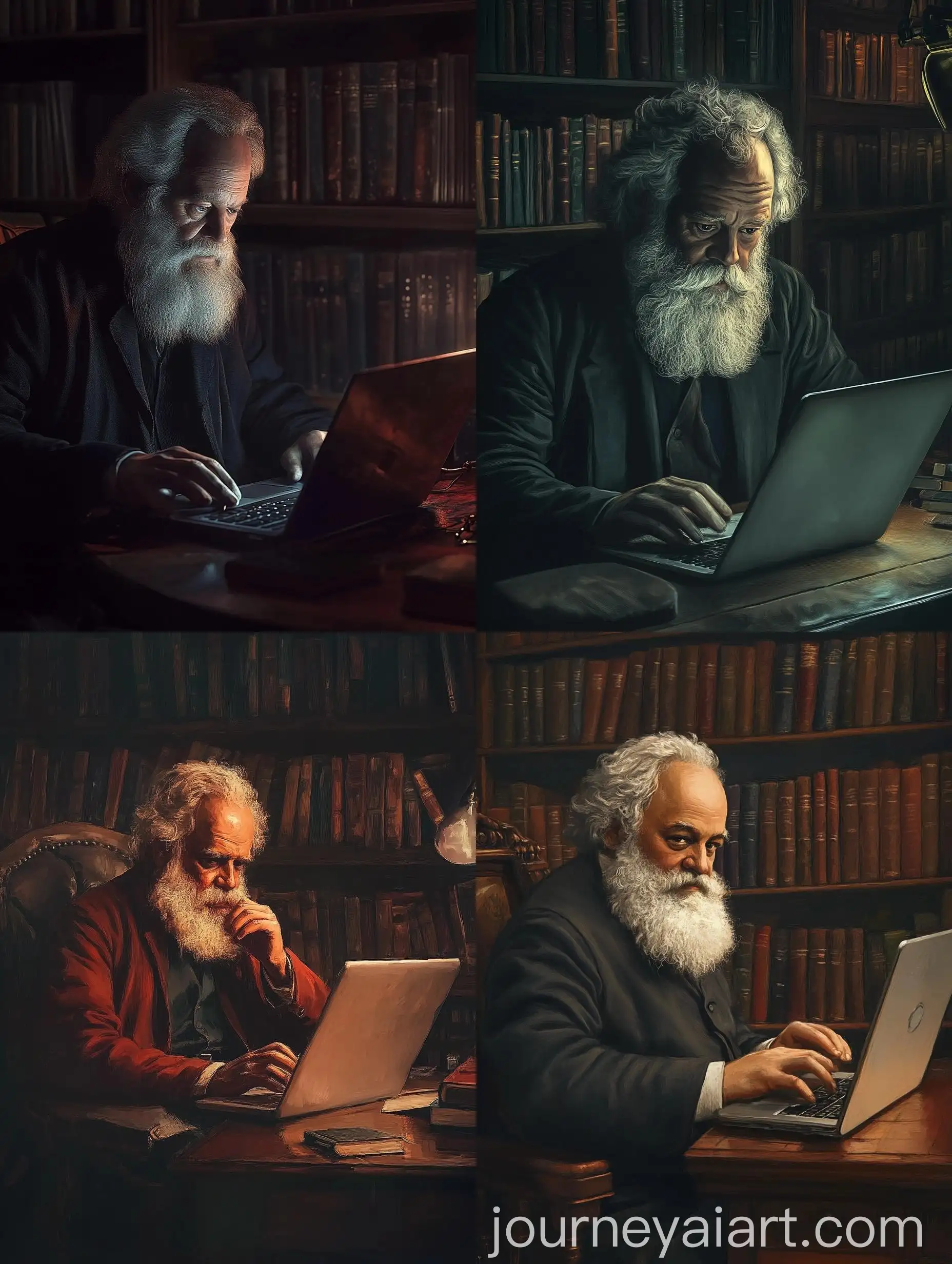 Karl-Marx-Working-on-Laptop-with-Bookshelf-in-Background