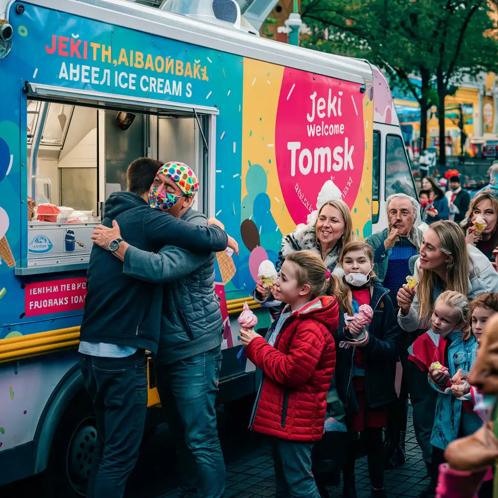 Masked-Ice-Cream-Vendor-Embracing-Customers-Near-JEKI-WELCOME-TOMSK-Truck