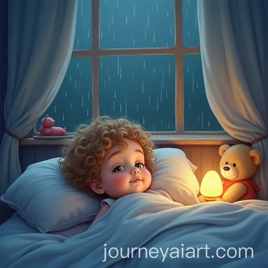 Toddler-Sleeping-Peacefully-with-Teddy-and-Rainy-Window-in-Dreamy-Pastel-Scene