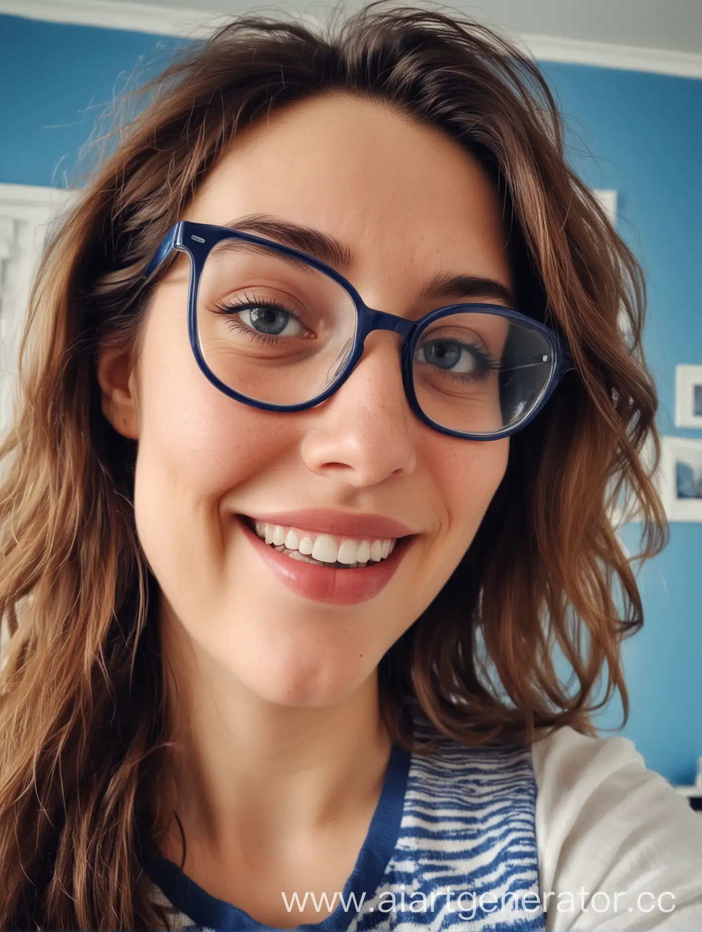 Portrait-of-a-Smiling-30YearOld-Woman-with-Glasses-in-a-Blue-and-White-Interior