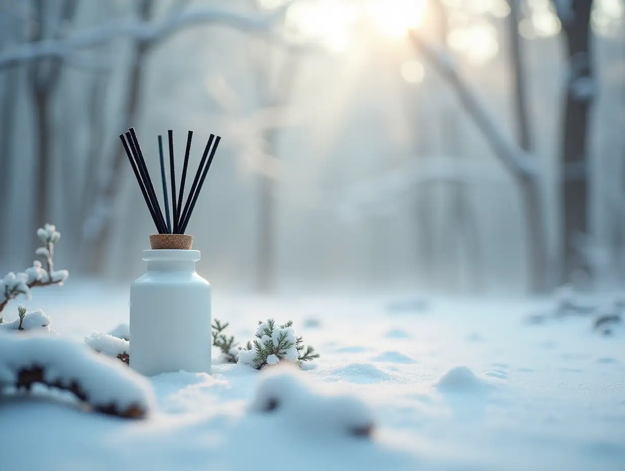 An elegant product photography showcasing a luxury reed diffuser bottle in a snowy forest setting. The diffuser bottle is white with a cork lid, and black reed sticks protrude from it. The background is filled with frosted trees and a soft winter atmosphere, featuring snow-covered leaves and branches in the foreground. The lighting is soft and diffused, creating a serene and premium ambiance, with slight mist or vapor to enhance the wintery feel