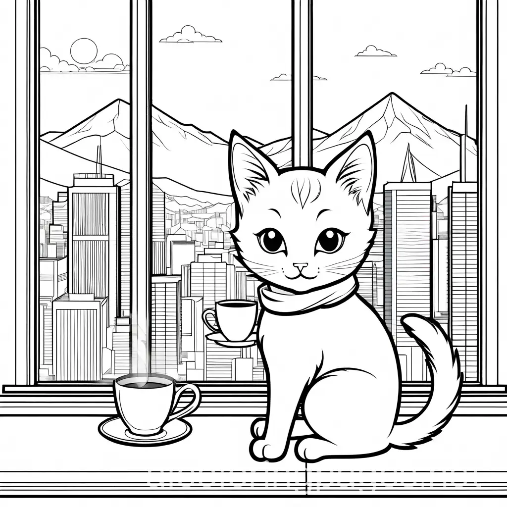 Cute-Kitten-Wearing-a-Scarf-Drinking-Hot-Tea-by-a-Snowy-Window