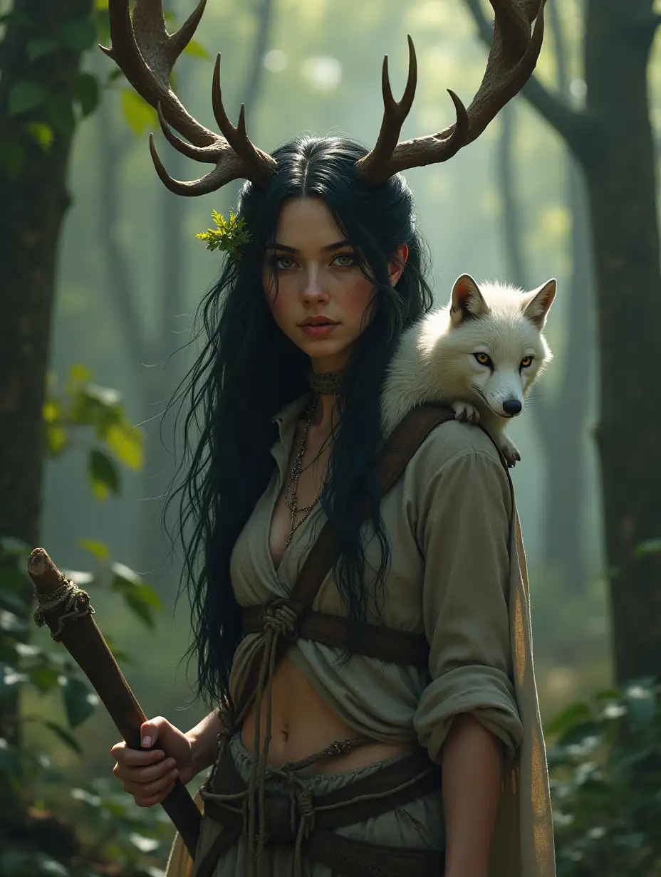 Forest woman druid with long raven-black hair in fantasy style dungeon and Dragons deer antlers on her head with eyes whitened by acid with a white fox around her neck. Thin and slender with a wooden stick in her hand. Dressed in linen and leaves