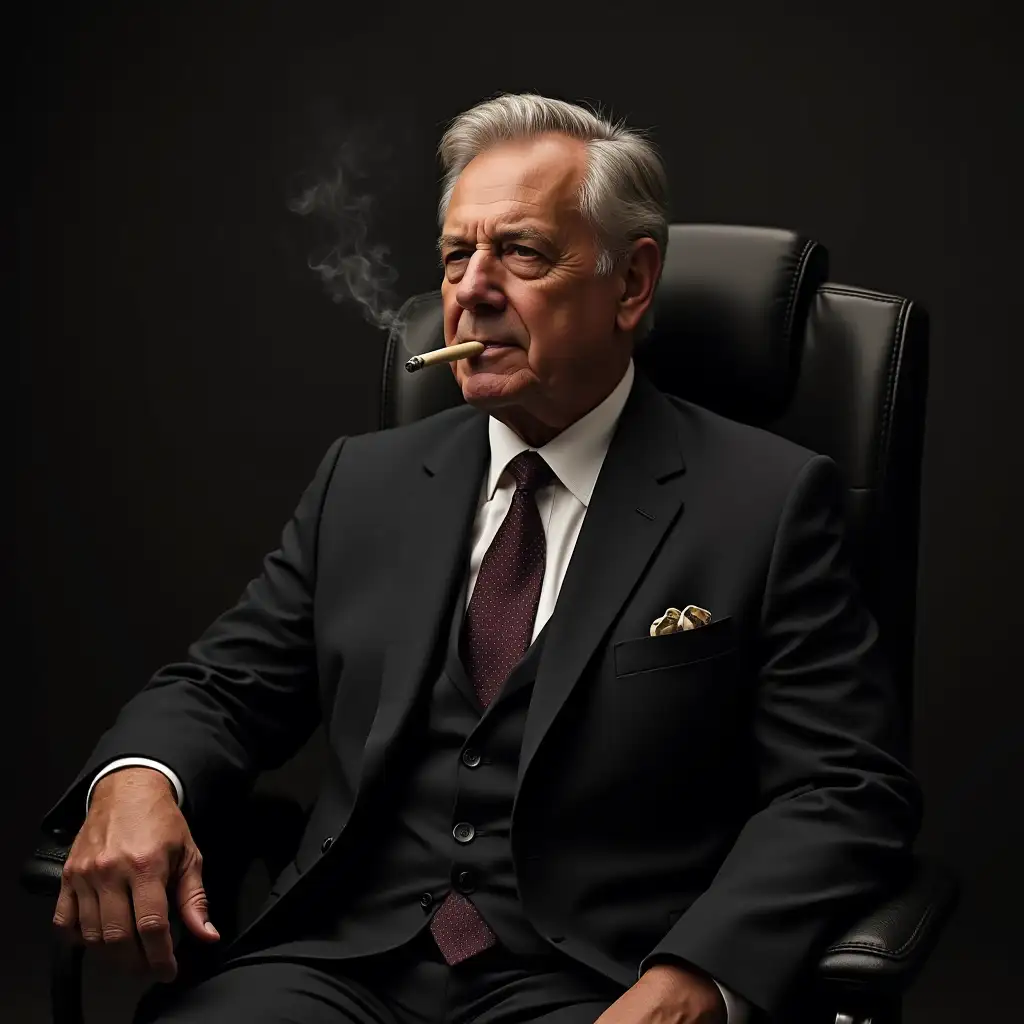 Sitting in a computer chair Dressed in a suit influential rich man with a cigarette in his mouth