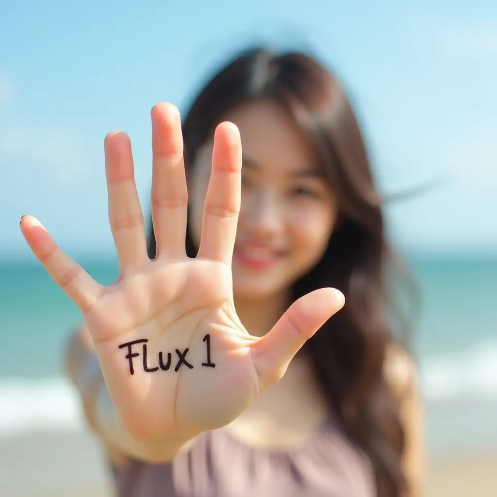 A beautiful Asian woman on a summer afternoon by the seaside. Her right arm is extended straight towards the camera, with her palm pressed directly against the lens, filling the entire screen. The word 'FLUX.1' is clearly written on her palm. Her right pinky finger and her right ear are aligned, both facing in the same direction. Between her thumb and index finger, her entire delicate and beautiful smiling face is visible, peeking through the gap with a joyful expression.