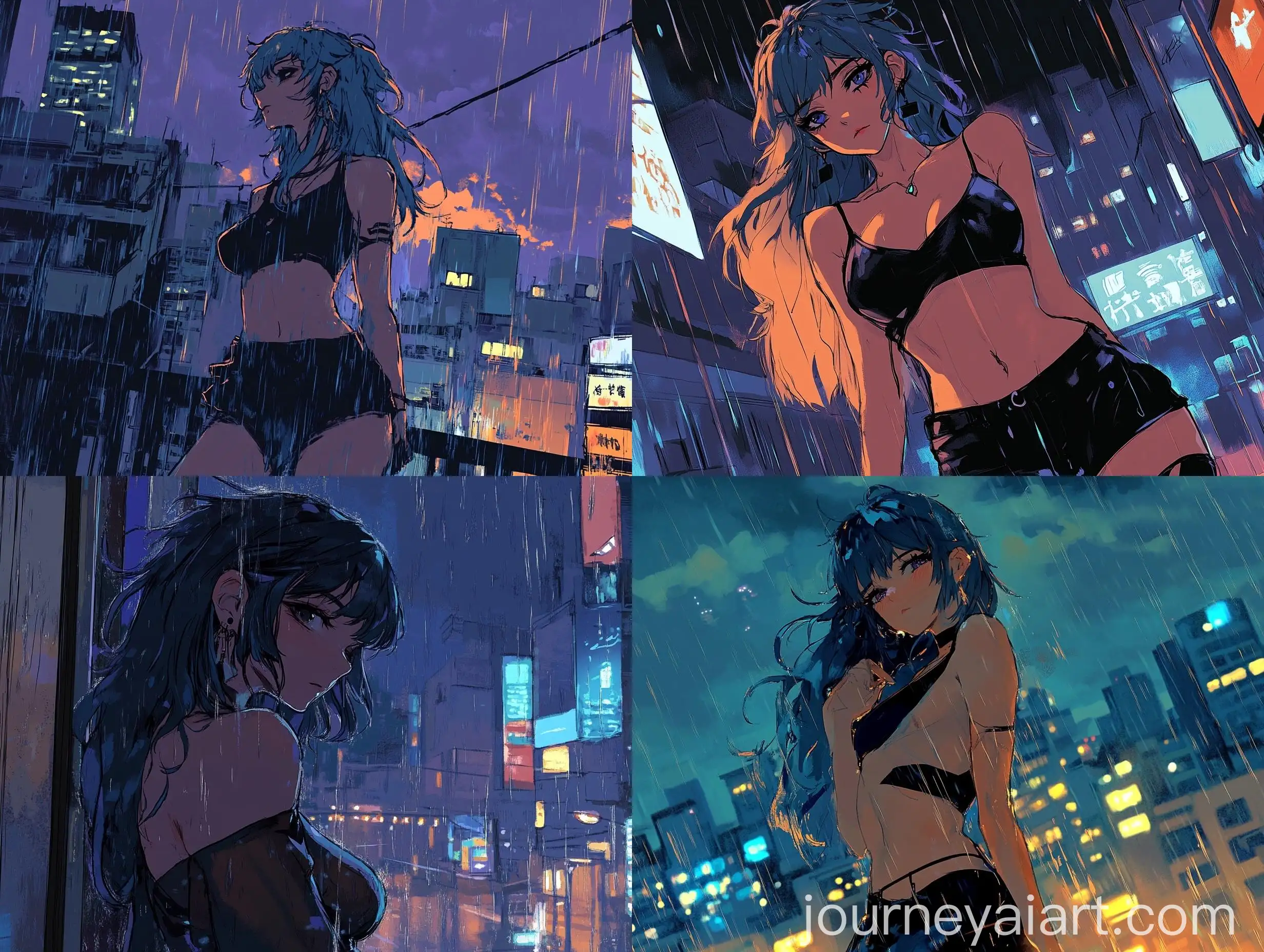 Anime-Woman-in-Nighttime-Cityscape-with-Rain-Sketchy-Line-Art