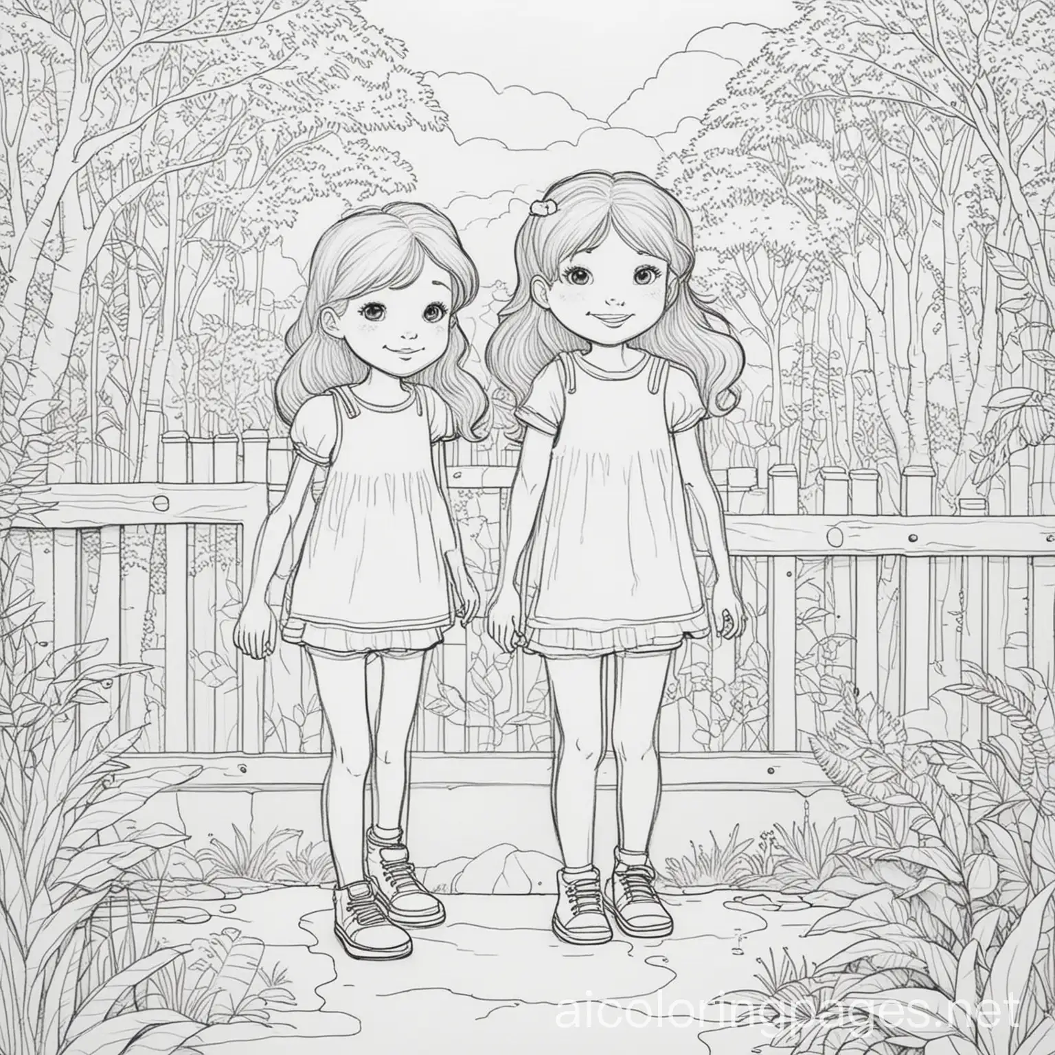 Two girls in a zoo, Coloring Page, black and white, line art, white background, Simplicity, Ample White Space. The background of the coloring page is plain white to make it easy for young children to color within the lines. The outlines of all the subjects are easy to distinguish, making it simple for kids to color without too much difficulty