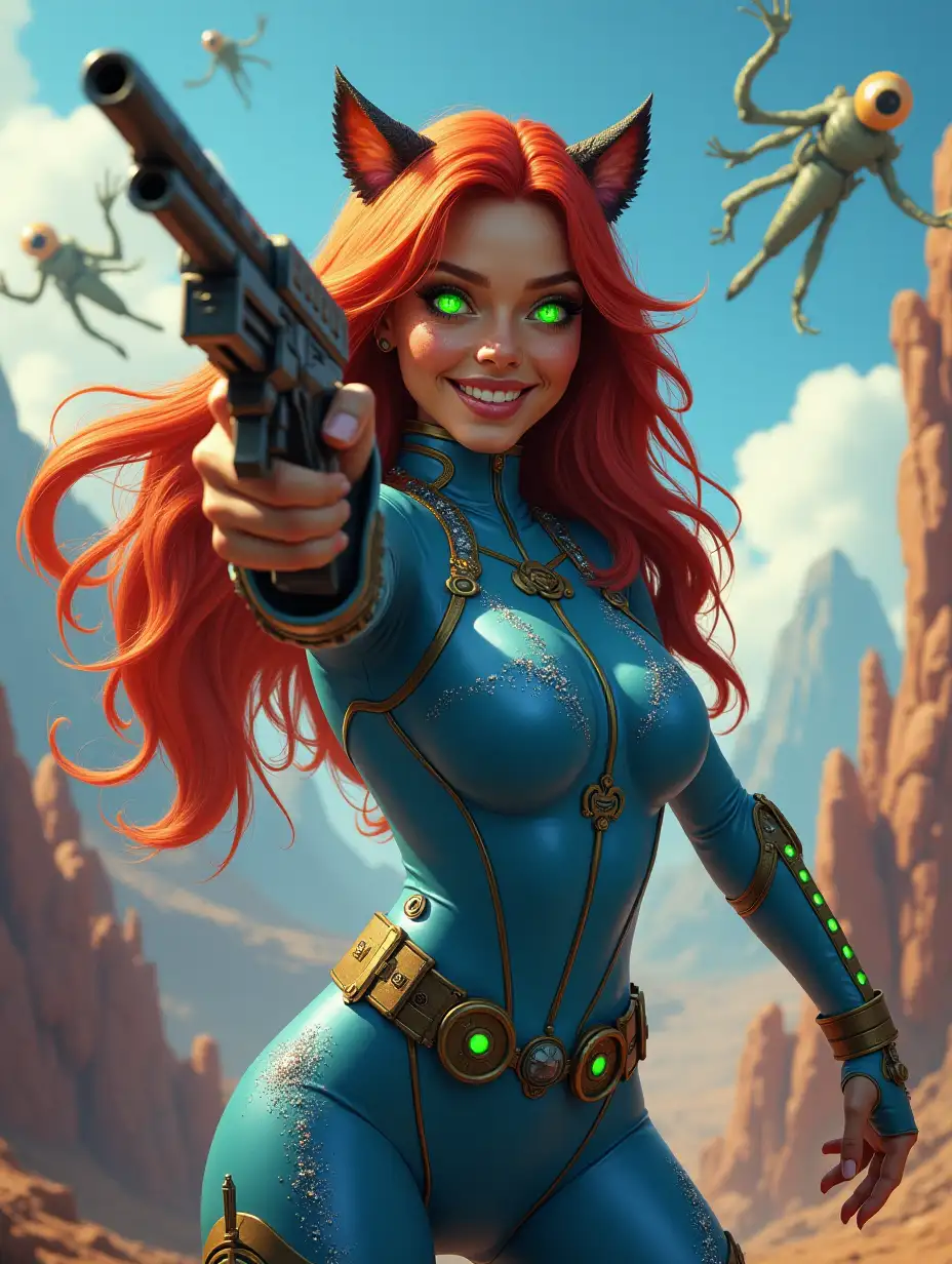 Digital painting, hyperrealism. A zoomorphic tigress woman with long red hair and green glowing eyes, shoots a space blaster, smiles with white teeth, in a tight-fitting blue spacesuit with sequins and a scattering of cubic zirconia, stands in the middle of a futuristic, otherworldly landscape, and strange fantastic creatures with huge eyes and bizarre tentacles fly around her.