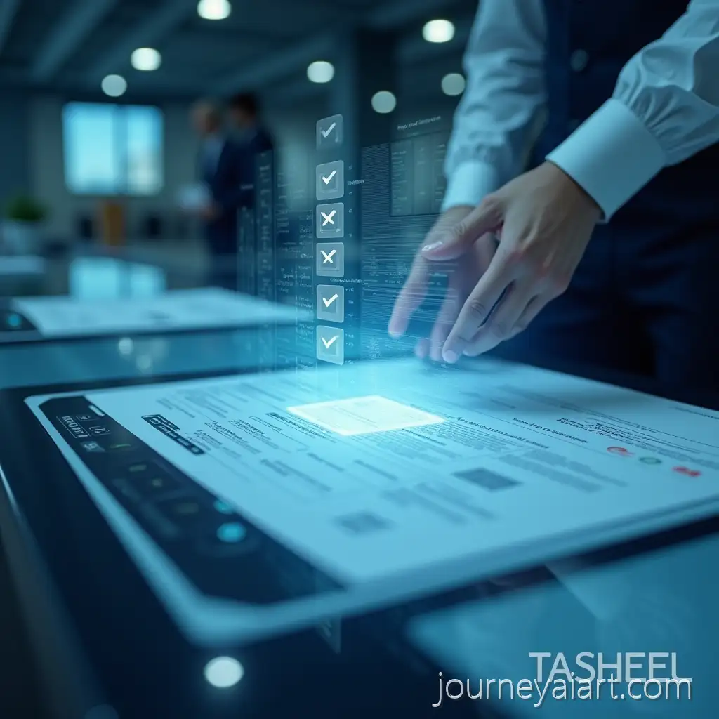 Futuristic-office-with-checklistFuturistic-Office-Counter-with-Digital-Paperwork-and-Checklist