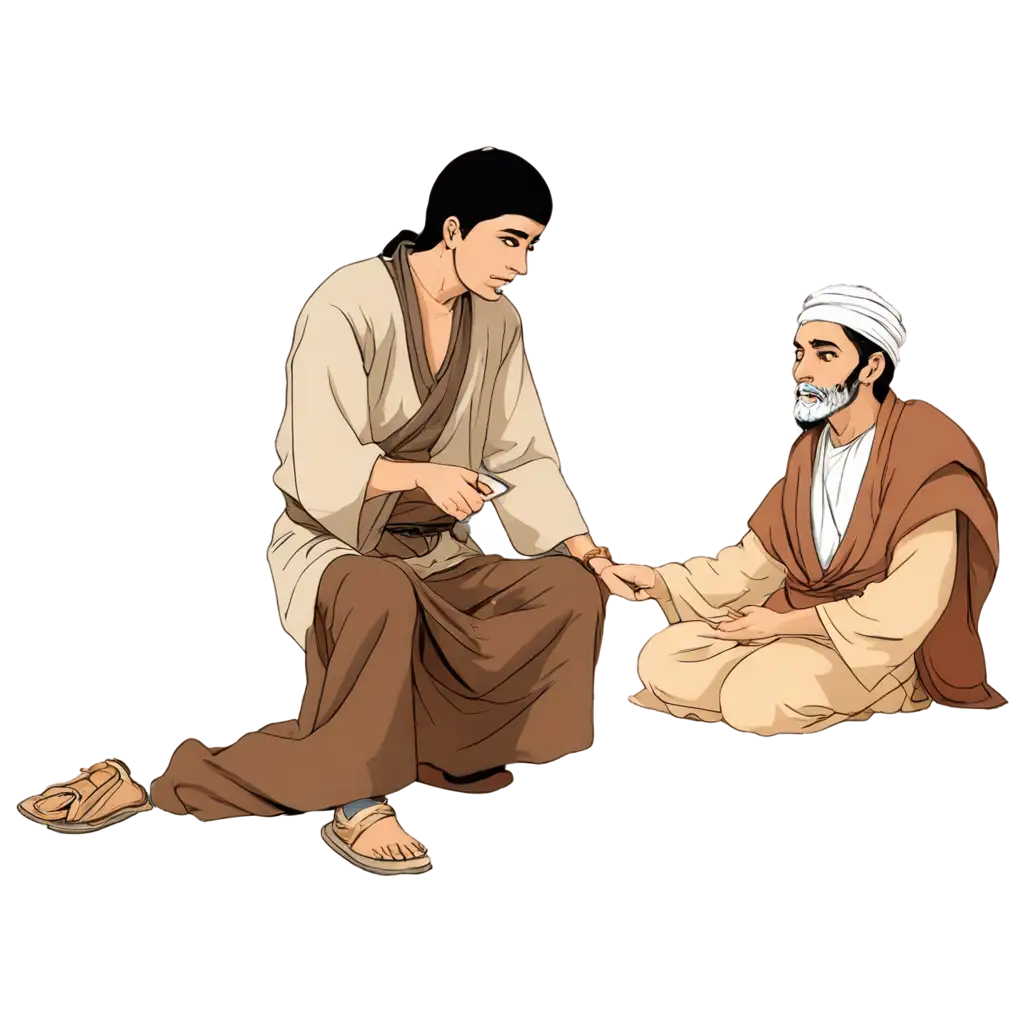 HighQuality-PNG-Cartoon-Young-Man-in-Eastern-Clothes-Helping-Old-Beggar