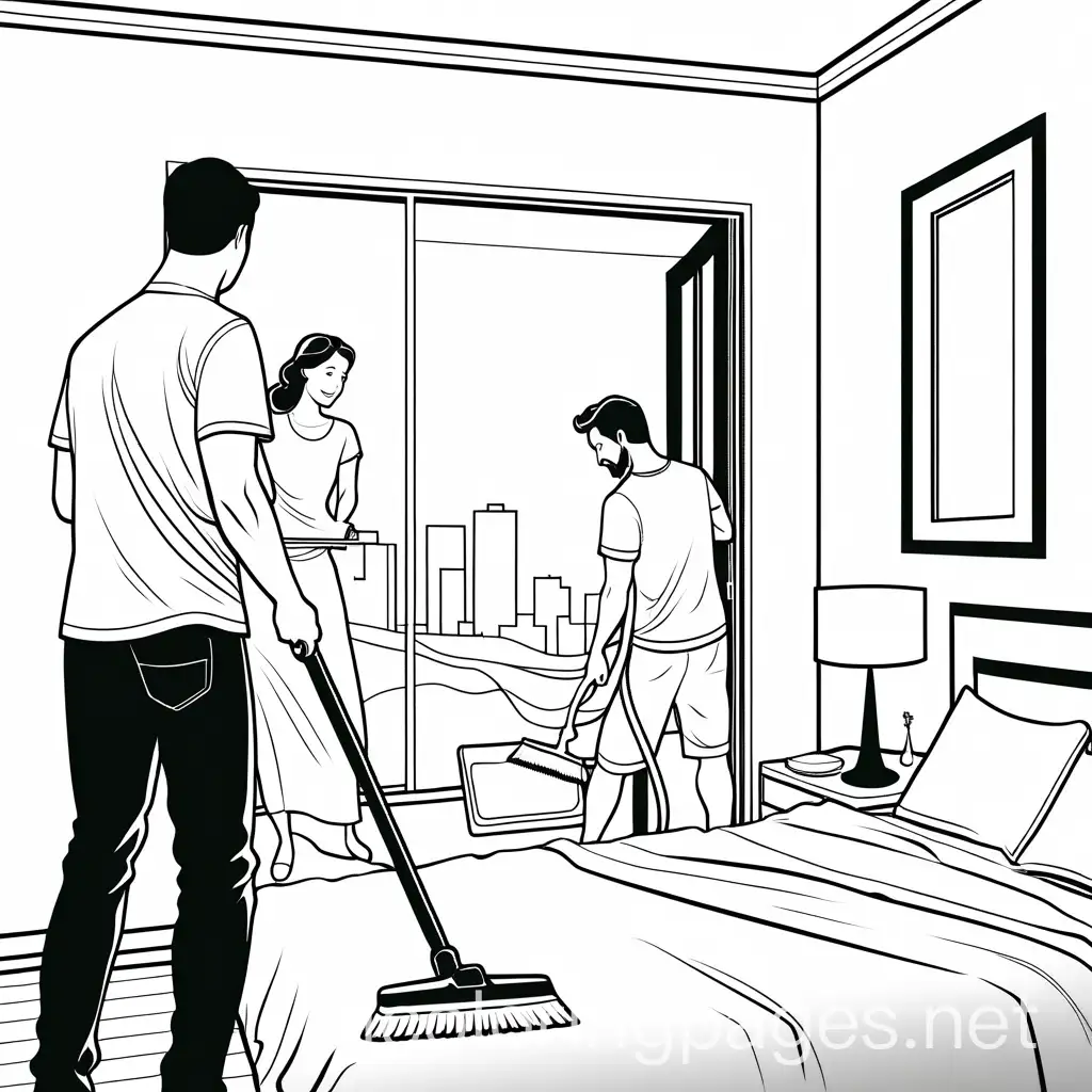couple cleaning bedroom together, Coloring Page, black and white, line art, white background, Simplicity, Ample White Space