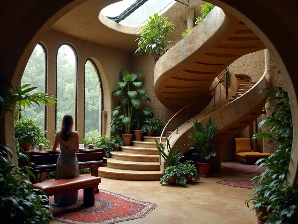 crooked house with interior decoration, plant ornaments, piano, large windows made of glass, curved, smooth window shapes, winding grand staircase made of marble, complex curved roof, lanterns, bench, and a woman