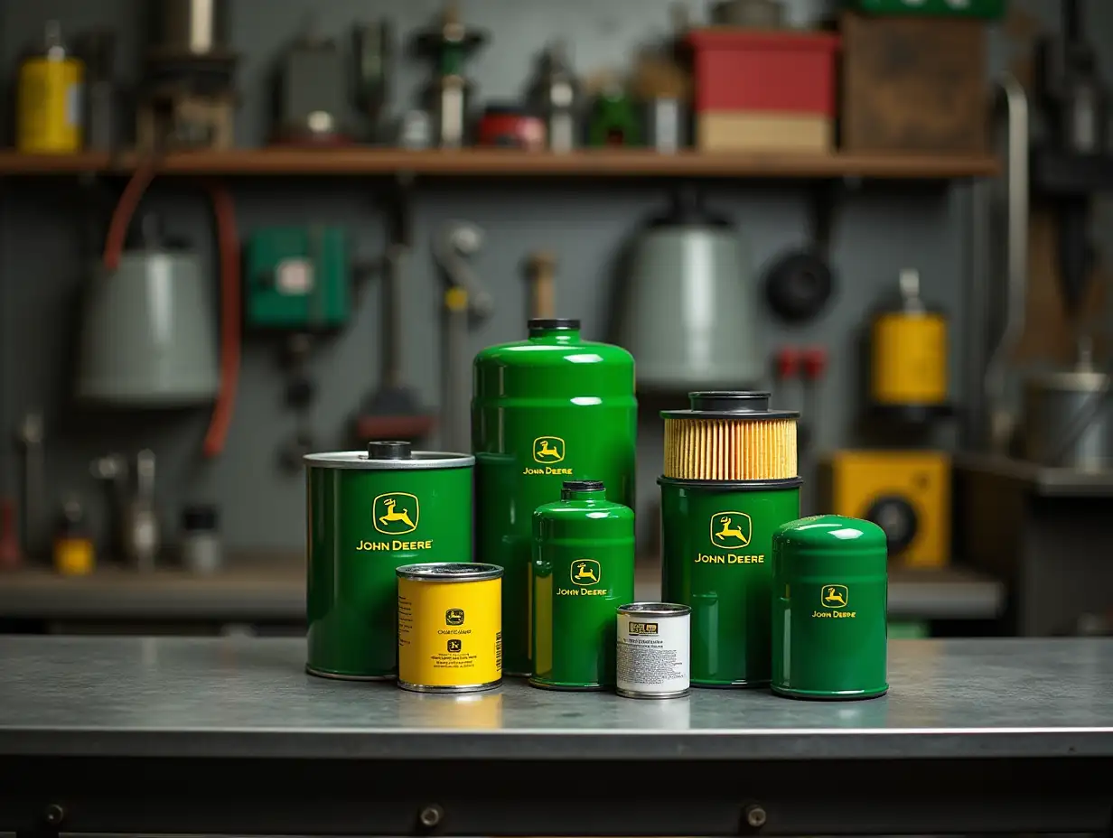 A high-quality photograph showcasing various types of John Deere filters. In the foreground, several filter models are neatly arranged, including oil, fuel, and air filters, each clearly displaying the John Deere logo and labeling. The filters are placed on an industrial metal workbench with tools and spare parts in the blurred background, creating the atmosphere of a mechanical workshop. Bright and even lighting highlights the details and textures of the filters. The background is slightly blurred to focus attention on the products. The overall composition should convey the professionalism, reliability, and quality of John Deere products.