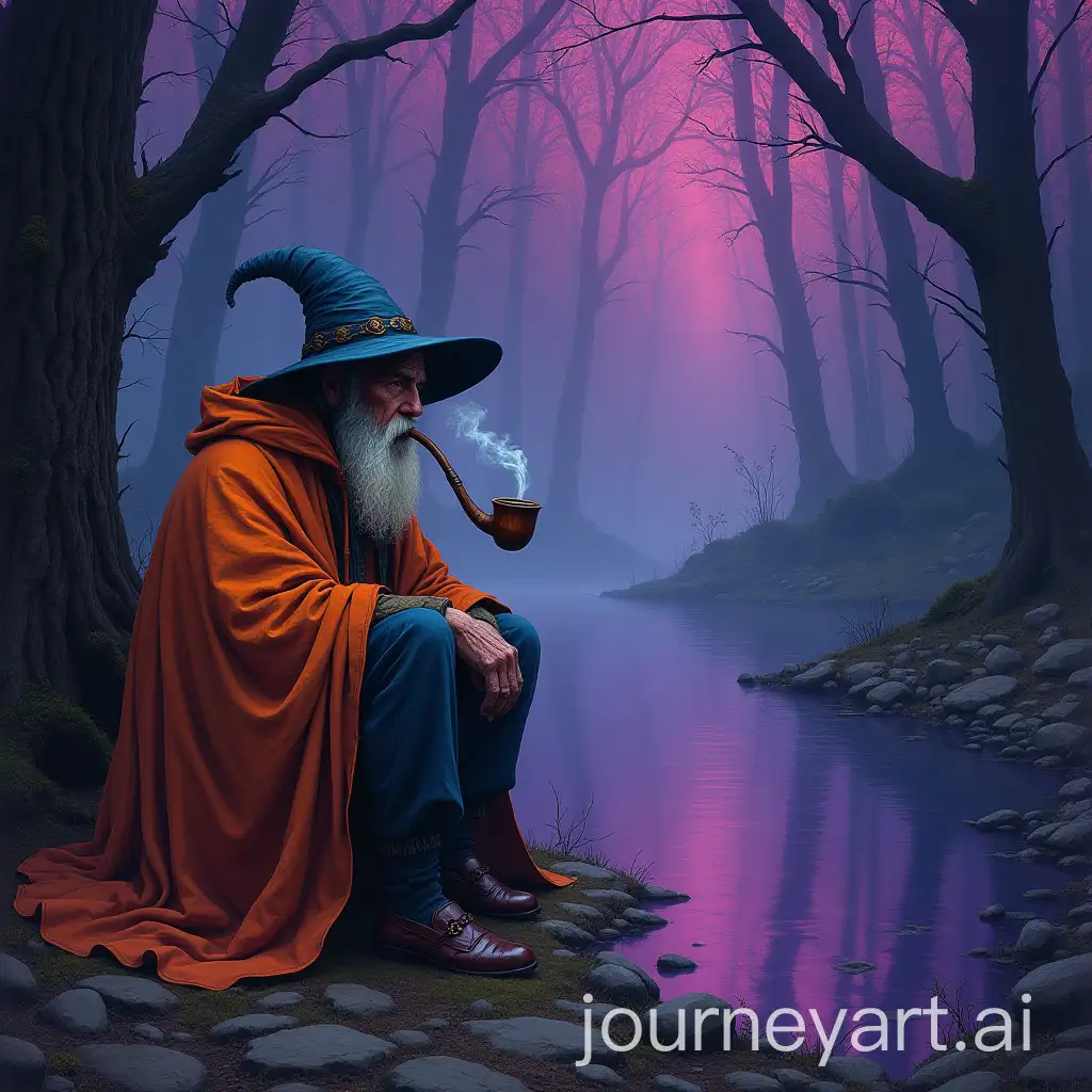 Old-Wizard-in-Orange-Cloak-by-a-Magical-Purple-Lake