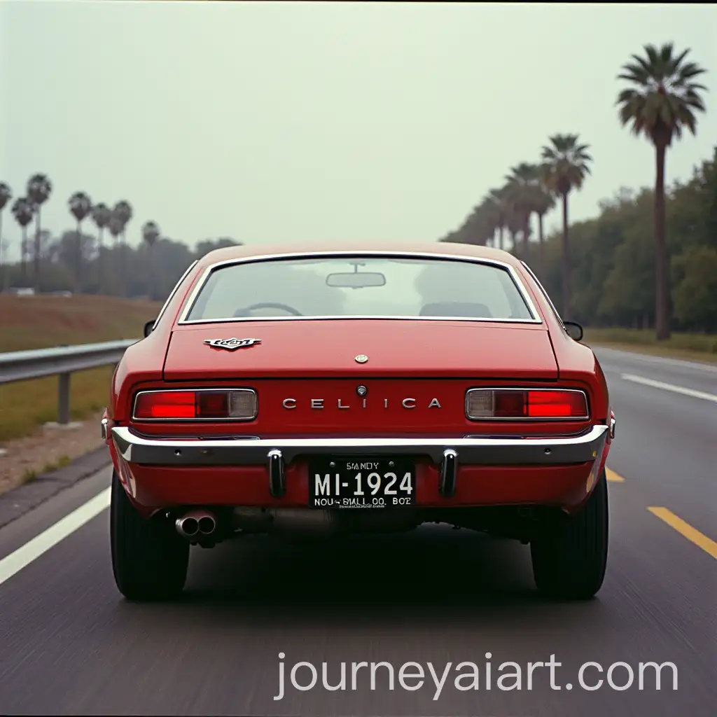 1973-Toyota-Celica-GT-Fastback-in-Red-and-White-Rear-Quarter-View-on-the-Route