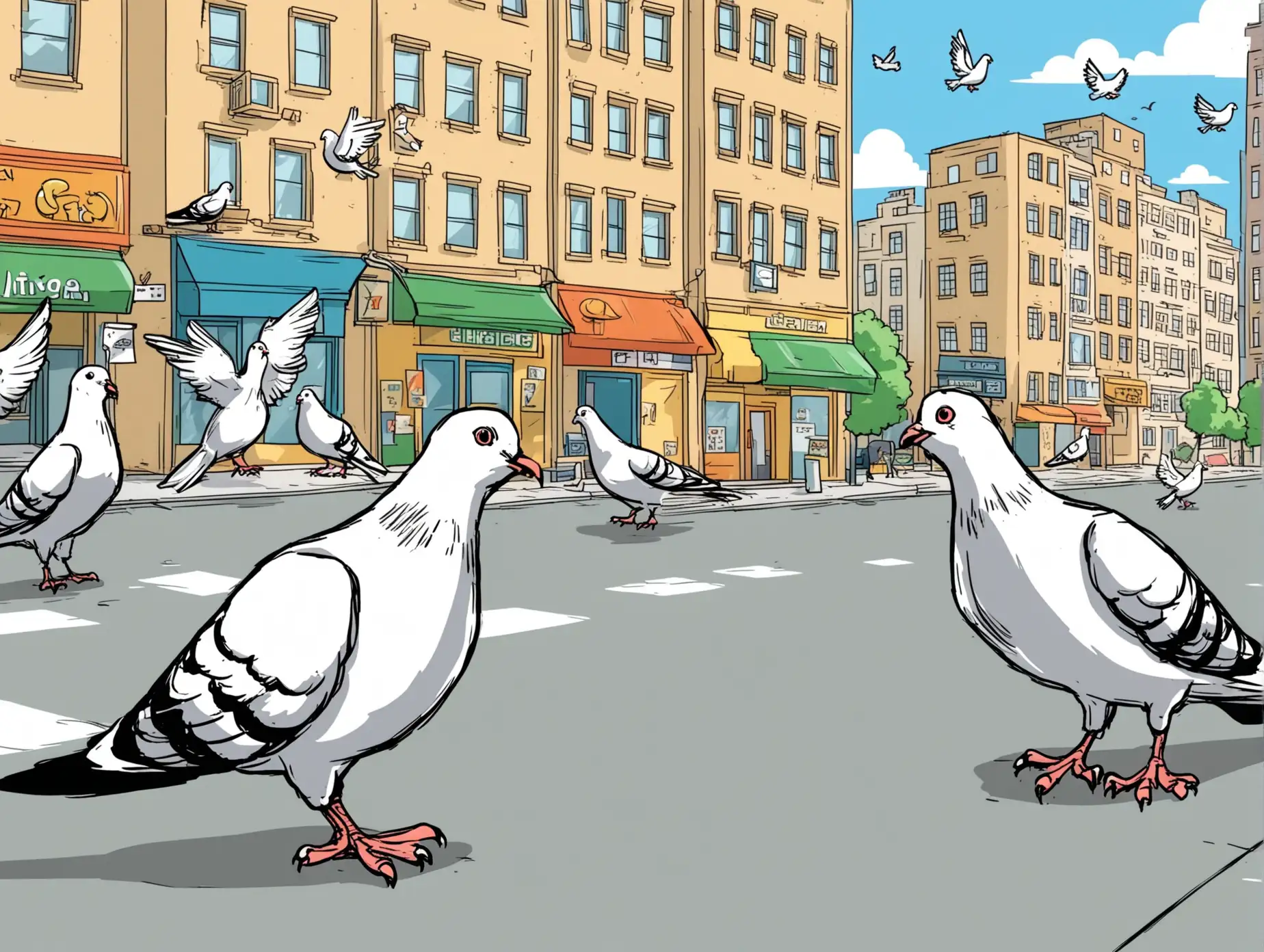 Urban Cartoon Three Pigeons in Cityscape