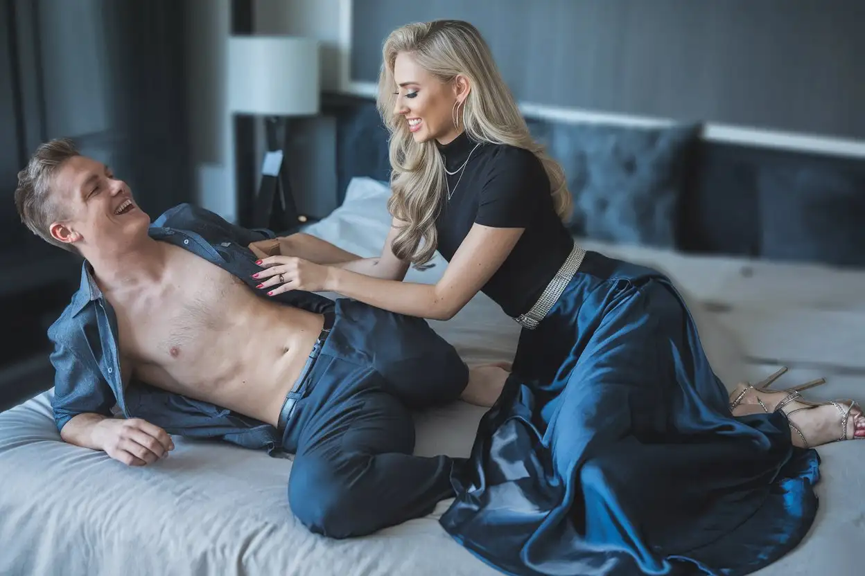 Caucasian-Man-and-Blonde-Woman-Relaxing-Together-on-a-Bed-with-Smiles-and-Playful-Interaction