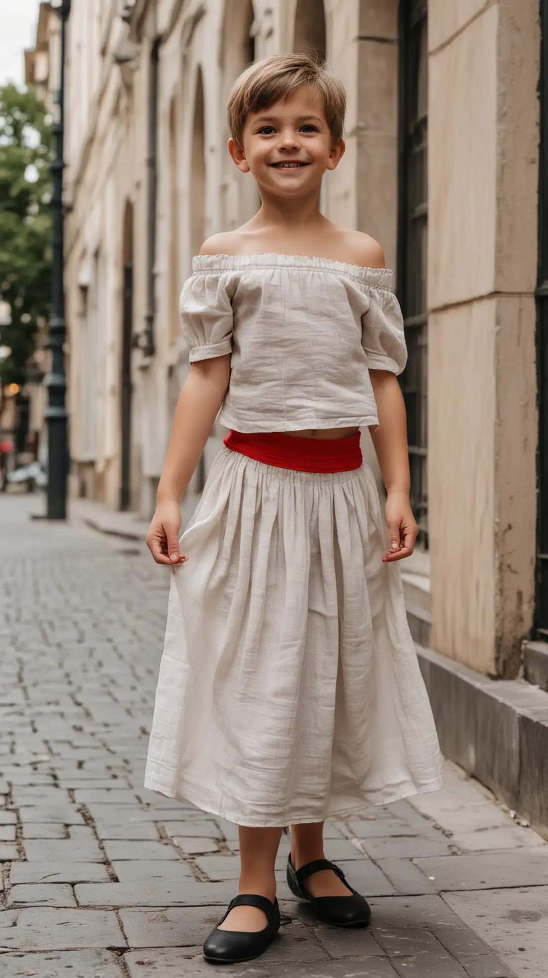 European-Boy-in-Red-Crop-Top-and-White-Linen-Skirt-in-the-City