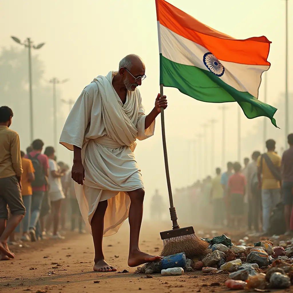 Gandhi ji sweeping garbage and background should be in Indian flage mixed colours 