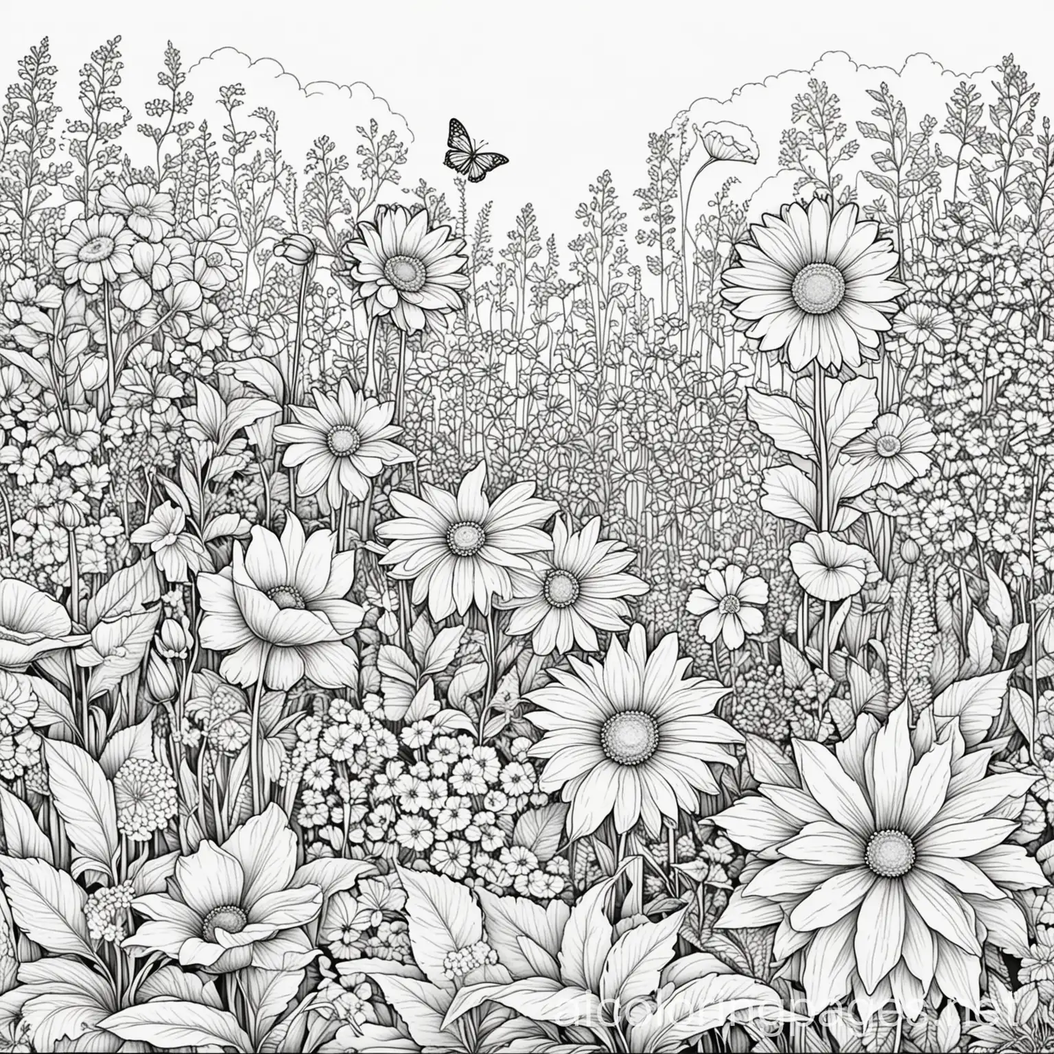 flower garden, Coloring Page, black and white, line art, white background, Simplicity, Ample White Space. The background of the coloring page is plain white to make it easy for young children to color within the lines. The outlines of all the subjects are easy to distinguish, making it simple for kids to color without too much difficulty