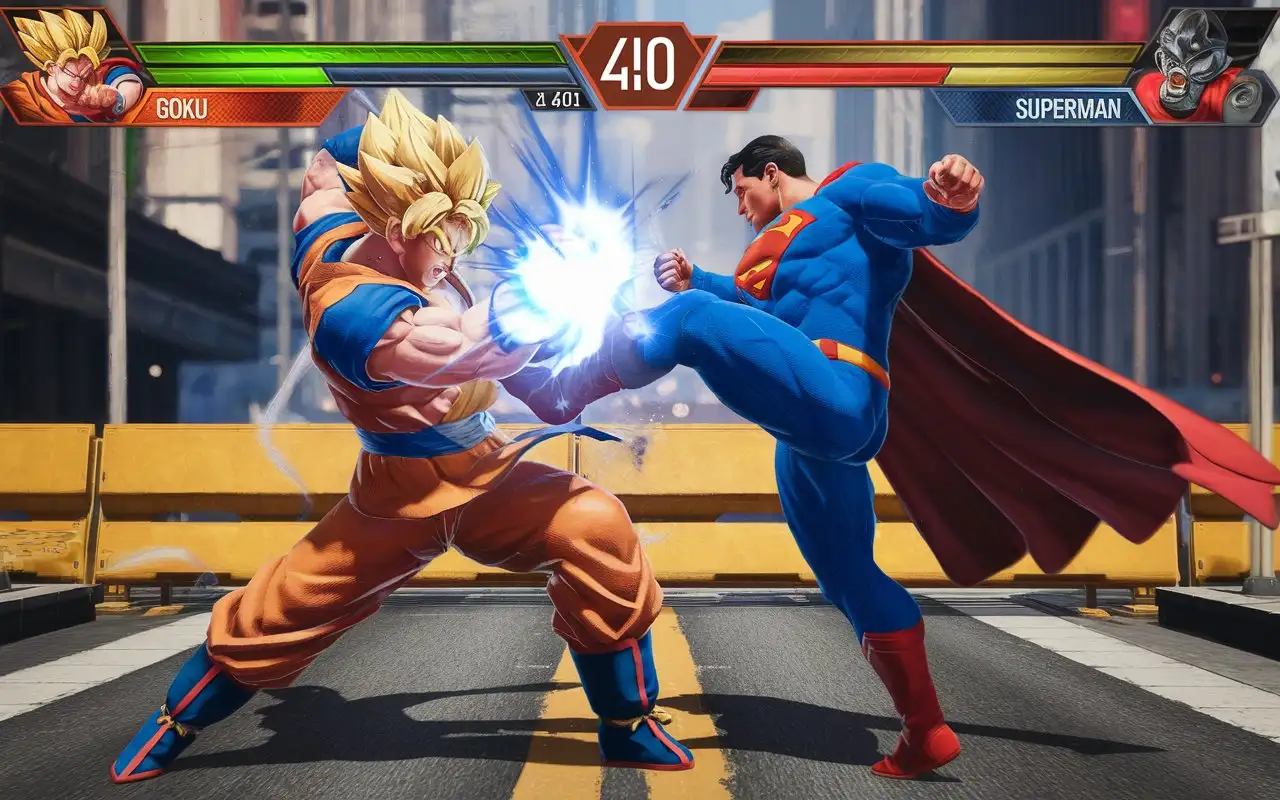 Goku dynamic punch on the left, Superman dynamic kick on the right, health bar on the left with text 'Goku', time with text 40 on the middle top, health bar on the right with text 'Superman', at the street, full body, full-body long shot, video game, inspired by Tekken 7. CG, 8k, high definition, highly detailed