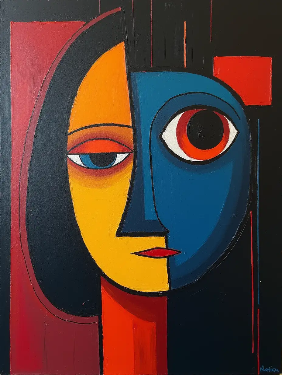 user_prompt: Picture in a grid, stripe, primitively schematic minimalism, face, huge hovering eye, darkness in the style of Kandinsky, Malevich, minimalism, simplify for a beginner artist with acrylic many colors, constructivism abstract art, gloomily