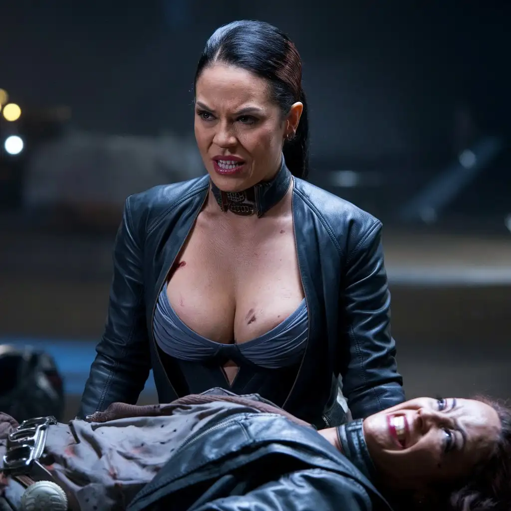 A very beautiful  latina aged female criminal  with deep neckline sits on the chest of a fallen enemy's corpse, Angry smile. 